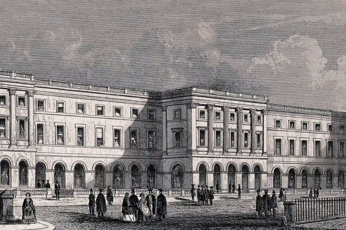 A historic engraving of a neoclassical building with arched windows, people in 19th-century attire walking across a cobblestone courtyard.